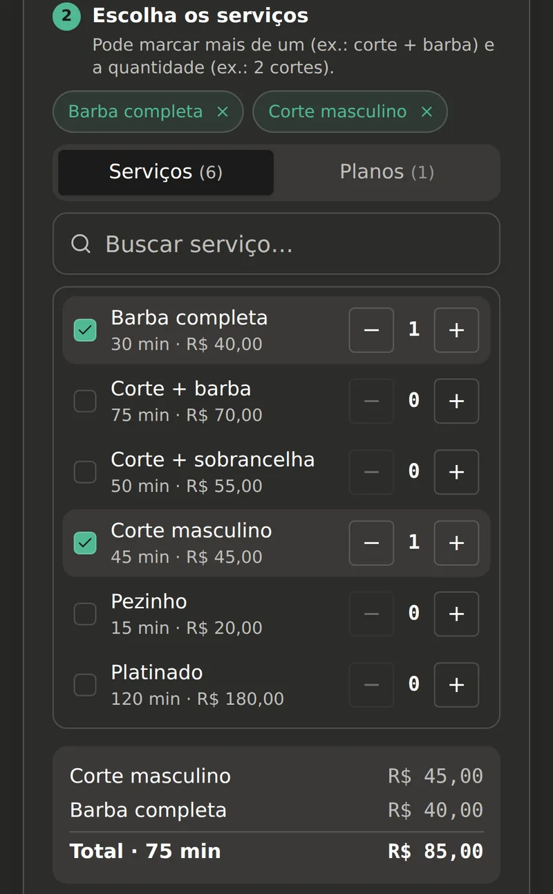 Página de agendamento online: o cliente escolhe corte e barba e vê o total antes de confirmar