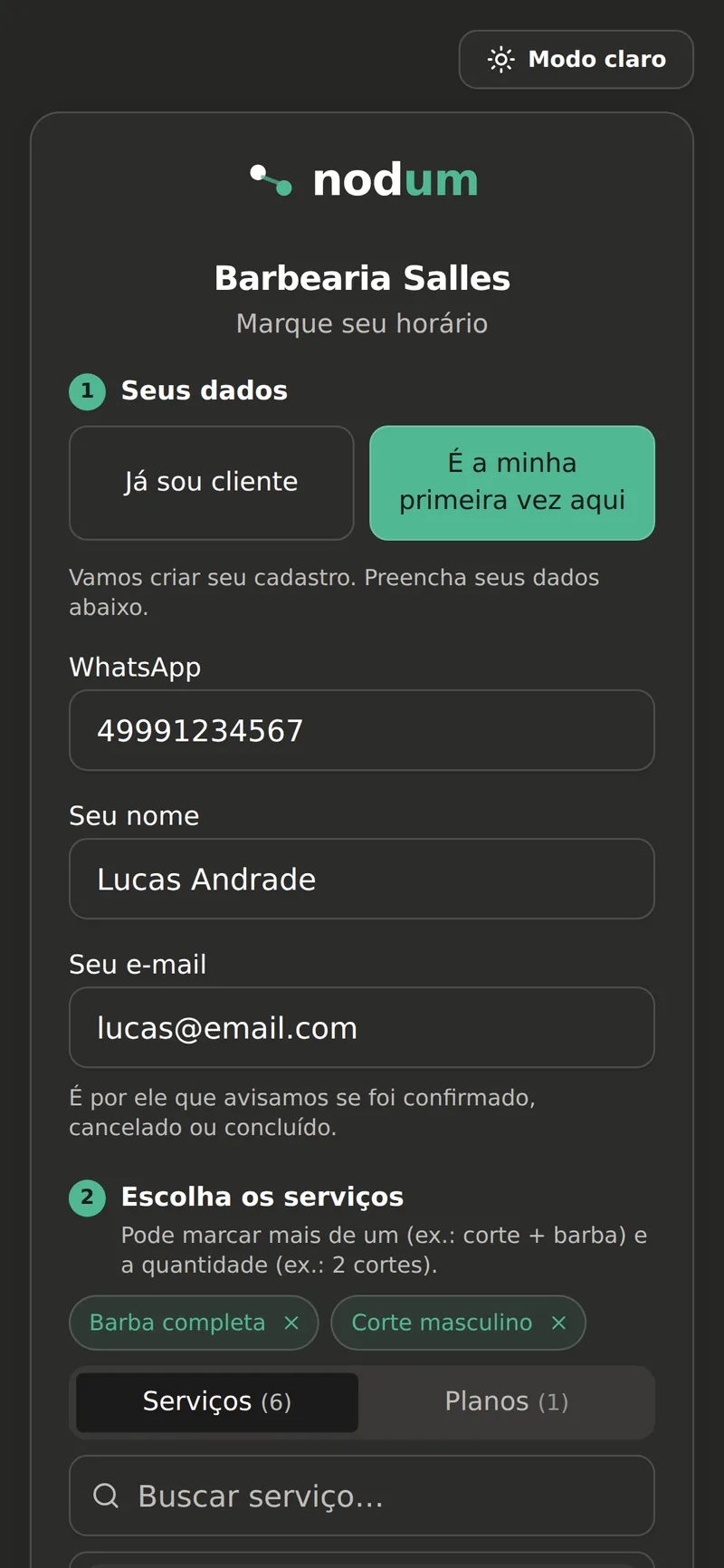 Agendamento online do NodumBarber — Já é cliente ou é a primeira vez?
