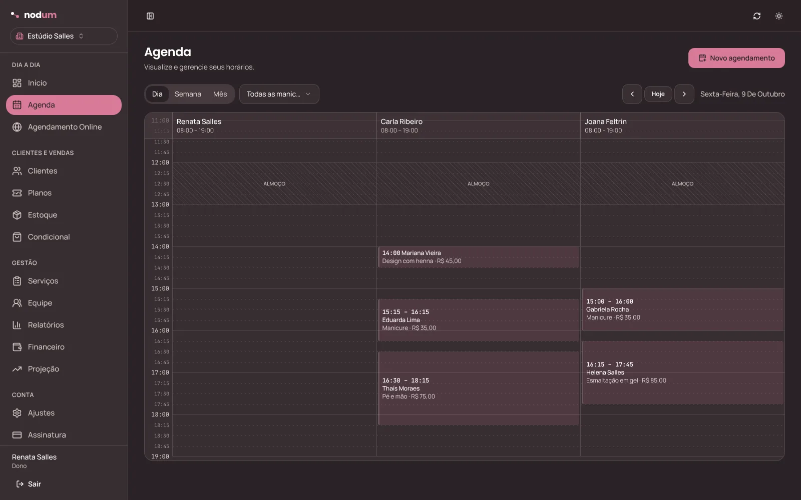 Agenda do NodumStudio com uma coluna por profissional, almoço hachurado e atendimentos de manicure, pedicure e esmaltação em gel